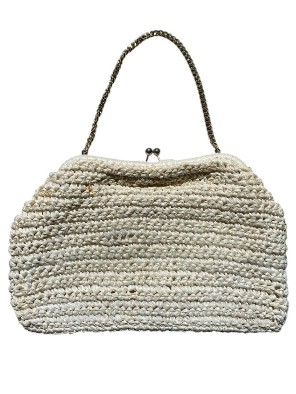 Chic Vintage Woven Cream Crochet Clutch Handbag with Chain Handle Made in Japan